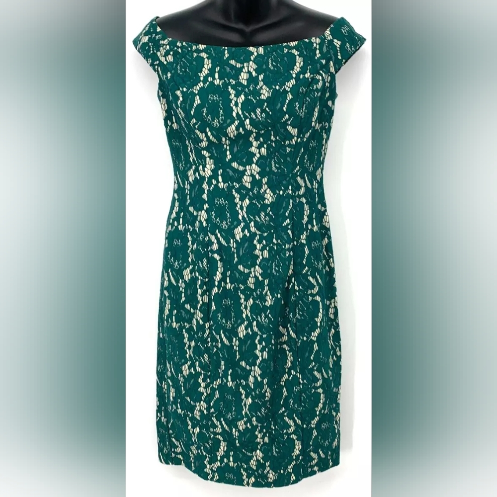 Vince Camuto Women Dress Green Floral Lace Boat Neck Cap Sleeve Sheath